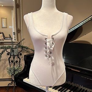 White Laced Up Ribbed Tank Bodysuit